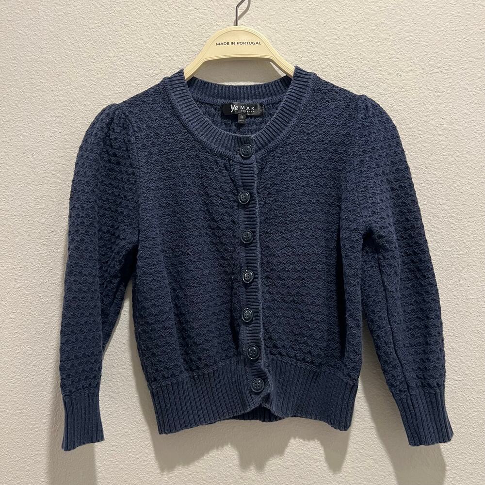 YEMAK Navy Blue Crochet Knit Cropped Cardigan 3/4 Sleeve Crewneck Vintage Style - Picture 3 of 7